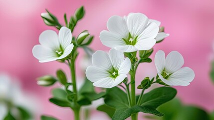 Poster - Pastel spring concept. Delicate white flowers blooming against a soft pink background, symbolizing purity.