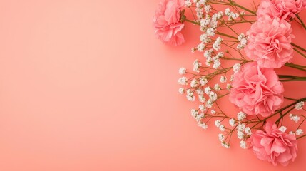 Poster - Pastel spring concept. Beautiful pink flowers with delicate white accents on a soft coral background.