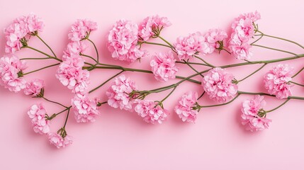 Poster - Pastel spring concept. A beautiful arrangement of delicate pink flowers on a soft pink background.