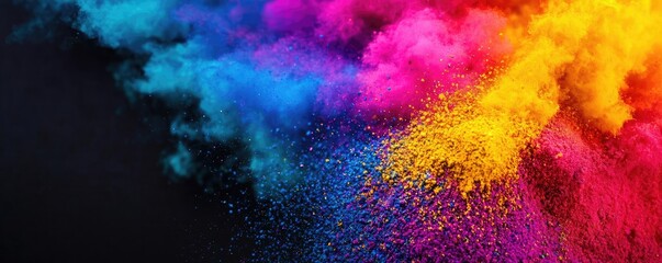 Poster - Rainbow holi idea. Vibrant color powders explode against a dark background, creating artistic visual effects.