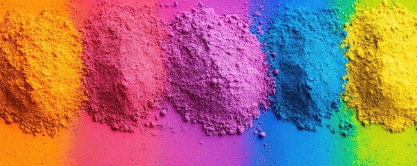 Poster - Rainbow holi idea. Vibrant powder colors arranged in a rainbow spectrum creating visual excitement.