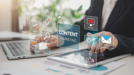 Content marketing concept. Content creator using a computer for Containing SEO, content, website, e-commerce, social media, AI, sales and online advertising, and ads.