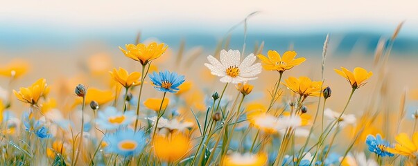 Poster - Pastel spring concept. Colorful wildflowers bloom in a serene meadow, creating a vibrant natural landscape.