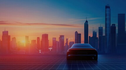 Poster - A sleek car stands silhouetted against a vibrant sunset, with a city skyline in the background, reflecting a blend of modernity and nature.