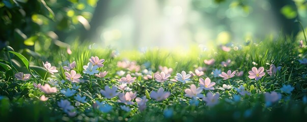 Poster - Pastel spring concept. A serene scene of colorful flowers blooming in a lush green meadow under soft sunlight.
