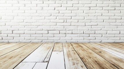 Poster - White brick wall and light brown wooden floor.