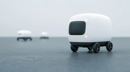 Poster - A futuristic scene featuring small, autonomous delivery robots on a smooth surface, showcasing modern design and technology.