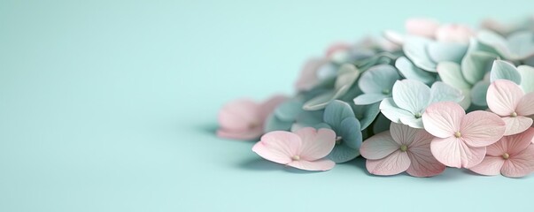Poster - Pastel spring concept. Delicate pastel flower petals scattered on a soft mint background, creating a serene vibe.
