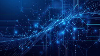 Poster - abstract background with glowing circuits lines technology and digital world . Generative AI