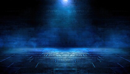 Poster - dramatic blue spotlight on brick wall and wet floor background for stage, performance, product showcase, or artistic design
