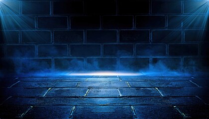 Poster - dramatic blue spotlight on brick wall and wet floor background for stage, performance, product showcase, or artistic design