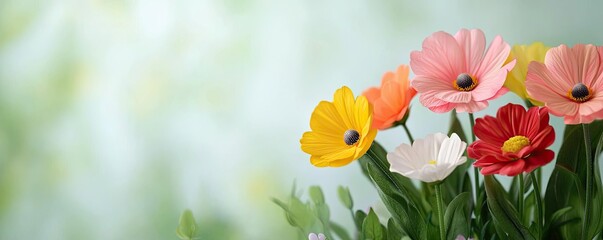 Poster - Pastel spring concept. Colorful flowers in bloom, showcasing nature's beauty and vibrant colors.