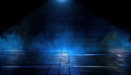 Poster - dramatic blue spotlight on brick wall and wet floor background for stage, performance, product showcase, or artistic design