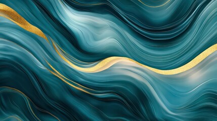 Poster - Abstract teal and gold liquid marble texture with flowing waves and swirls.