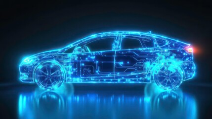 Poster - Futuristic electric car concept, glowing blue lines, digital design, side view.