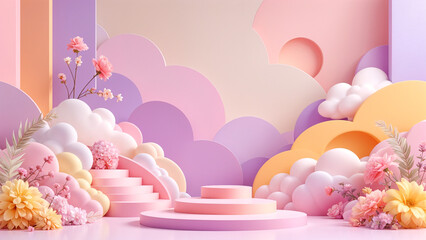 Poster - 3d abstract background with flowers podium in pastel colors . Generative AI