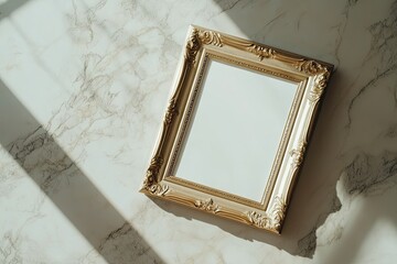 Decorative empty frame displayed on marble surface in bright lighting artistic interior design concept