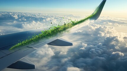 Wall Mural - A concept illustration of an airplane wing with biofuel emissions symbolized as clean green particles, soaring through the clouds.