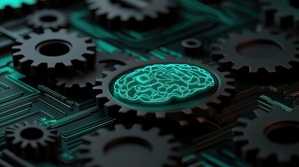 Aufkleber - Online courses concept. Futuristic gears with a glowing brain symbolizing artificial intelligence and innovation.