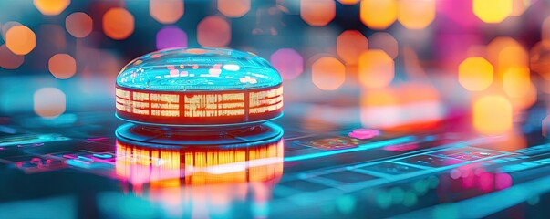Poster - Education idea. Abstract technology background with glowing circular object and vibrant bokeh lights.