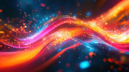 Aufkleber - Abstract vibrant wavy light streaks with glowing particles.