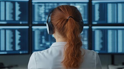 Poster - Education idea. A focused woman wearing headphones analyzes data on multiple computer screens.