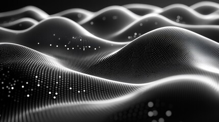Poster - Abstract grayscale wave field with glowing particles.