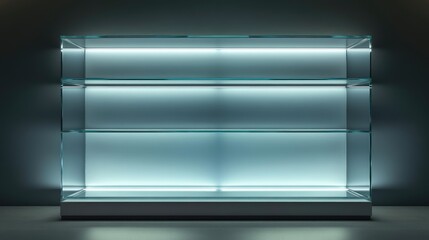 Poster - A rectangular empty glass showcase with adjustable glass shelves, illuminated by soft LED lights.