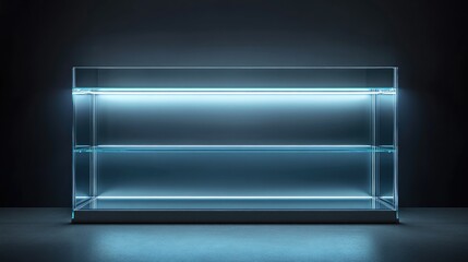 Poster - A rectangular empty glass showcase with adjustable glass shelves, illuminated by soft LED lights.