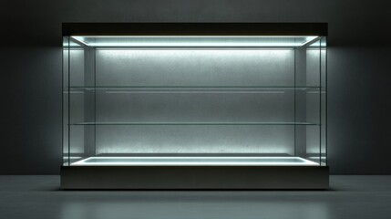 Poster - A rectangular empty glass showcase with adjustable glass shelves, illuminated by soft LED lights.