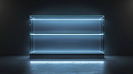 Poster - A rectangular empty glass showcase with adjustable glass shelves, illuminated by soft LED lights.
