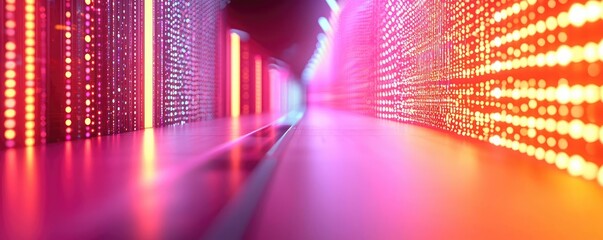 Poster - Virtual education idea. Futuristic illuminated corridor with vibrant colorful light patterns.