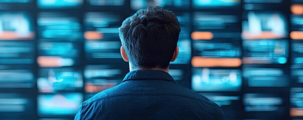 Aufkleber - Virtual education idea. A man observing multiple screens displaying technological data and information.
