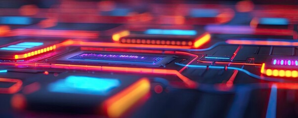Poster - Virtual education idea. Close-up of glowing circuit board with vibrant lights and intricate details.