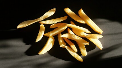 Poster - Golden french fries scattered on a dark surface, illuminated by sunlight casting shadows.