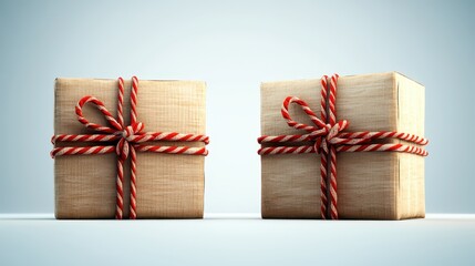 Wall Mural - Two exquisitely wrapped gifts with festive red and white striped ribbons, a celebration of giving