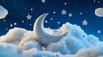 Canvas Print - A cartoonish moon is floating in the sky above a cloud of white clouds