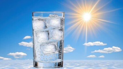 Wall Mural - Glass of refreshing ice water with sparkling ice cubes, the perfect summer quencher