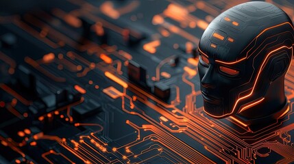 Poster - Online courses concept. Futuristic digital head with circuits showcasing advanced technology concepts.