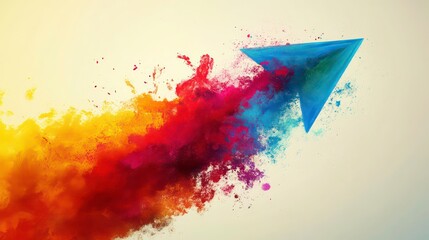 Poster - Blue paper airplane soaring through vibrant, colorful smoke trail, symbolizing growth, progress, and innovation.