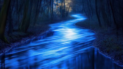 Poster - Serene blue river flowing through a dark forest at night.