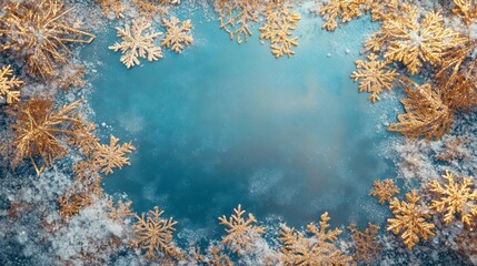 Poster - Golden snowflakes frame on icy blue background, winter holiday design.
