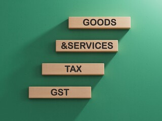 Fototapete - GST - Goods and Services Tax symbol. Concept word GST on wooden blocks. Business and GST concept. Copy space.3D rendering on green background.