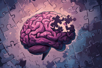 Aufkleber - brain is shown in a puzzle form, with pieces missing. Concept of the brain being a complex and intricate puzzle, with each piece representing a different aspect of the brain's functions