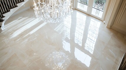 Wall Mural - A chandelier hangs above a marble floor, casting shadows on the ground