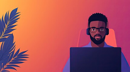 Poster - Web based training online idea. A focused individual working on a laptop in a modern, vibrant workspace.