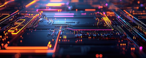 Poster - Web based training online idea. Vibrant abstract close-up of a modern circuit board with colorful lights.
