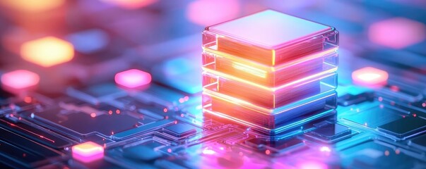 Poster - Educational platform online idea. Futuristic digital data storage with vibrant glowing elements representing technology.