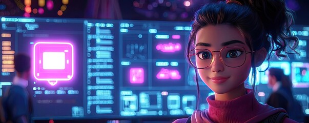Poster - Web based training online idea. A young woman with glasses stands confidently in a high-tech workspace.