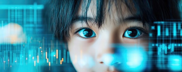 Poster - Digital education online concept. A boy's expressive eyes reflecting digital data and technology concepts.